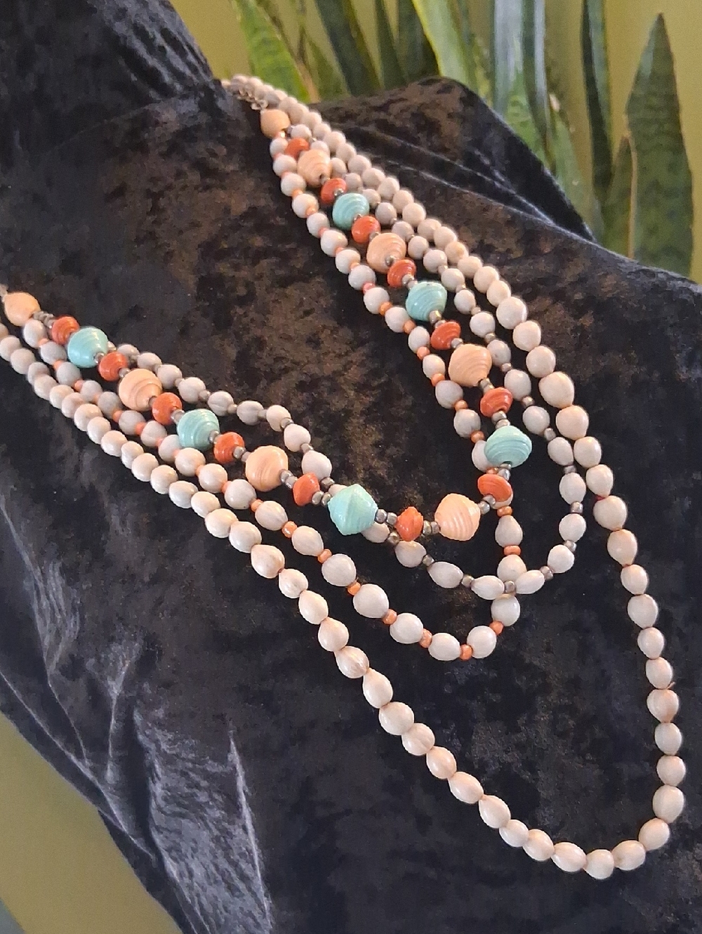 Multi-Strand Cream, Coral & Turquoise Beaded Necklace 26 To 32 In Long
